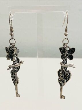 Silvertone Charm Dangle Earrings Butterfly Bird Heart Key Boho Cottagecore